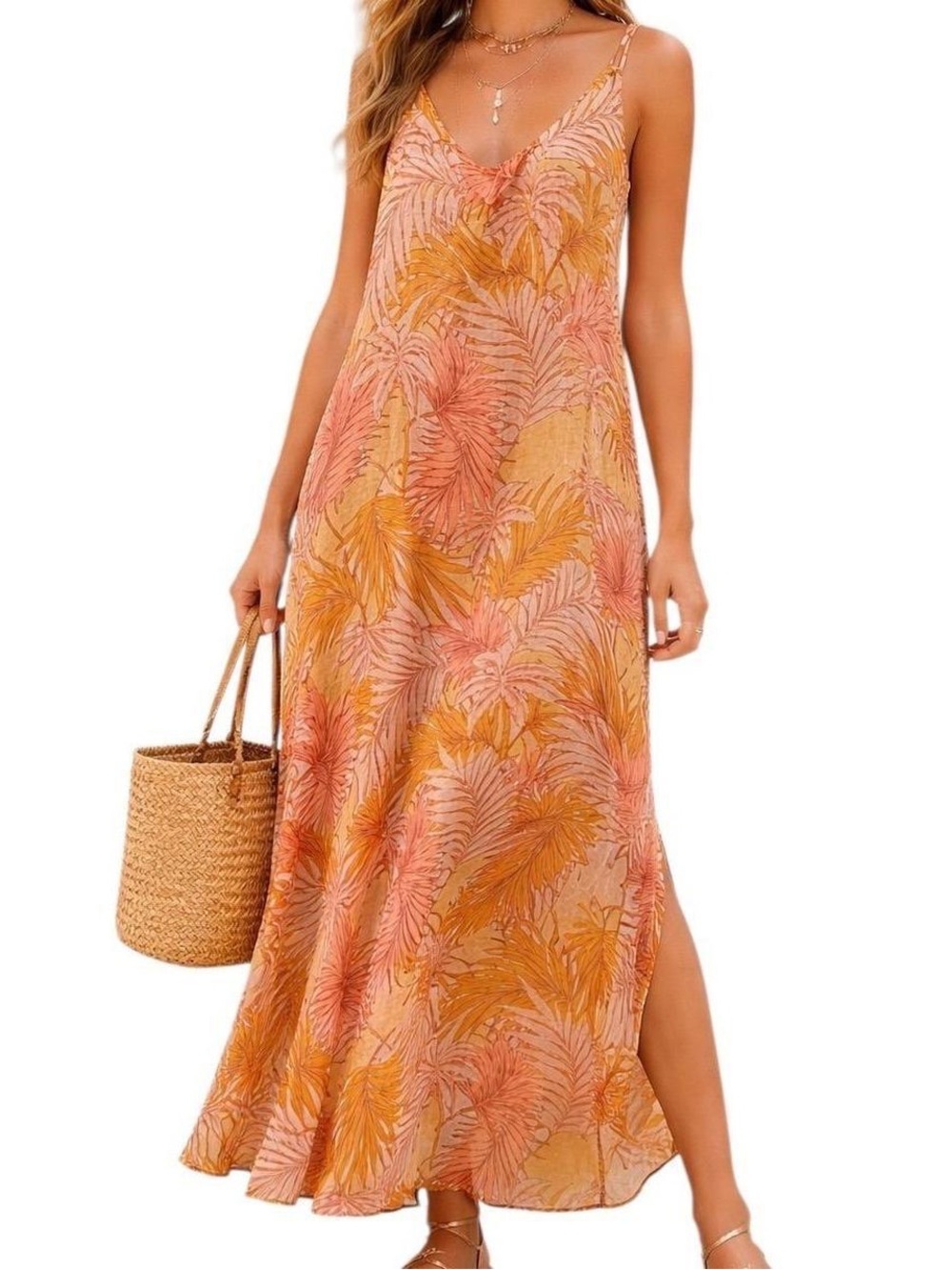 Tahari Peach & Yellow Tropical Leaf Maxi Dress/Cover up